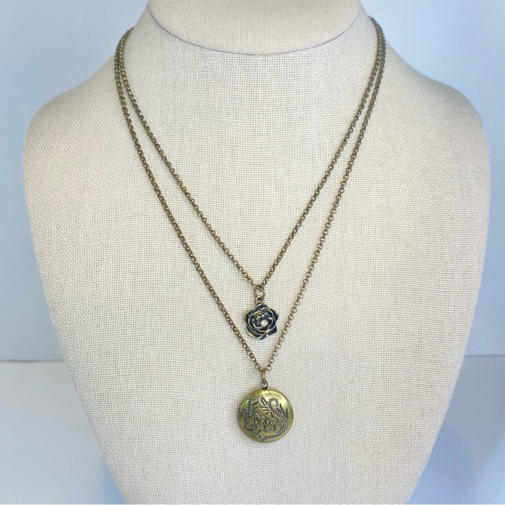 Locket Necklace Moa Antique Gold Tone Layered Rose Rhinestone Double Strand